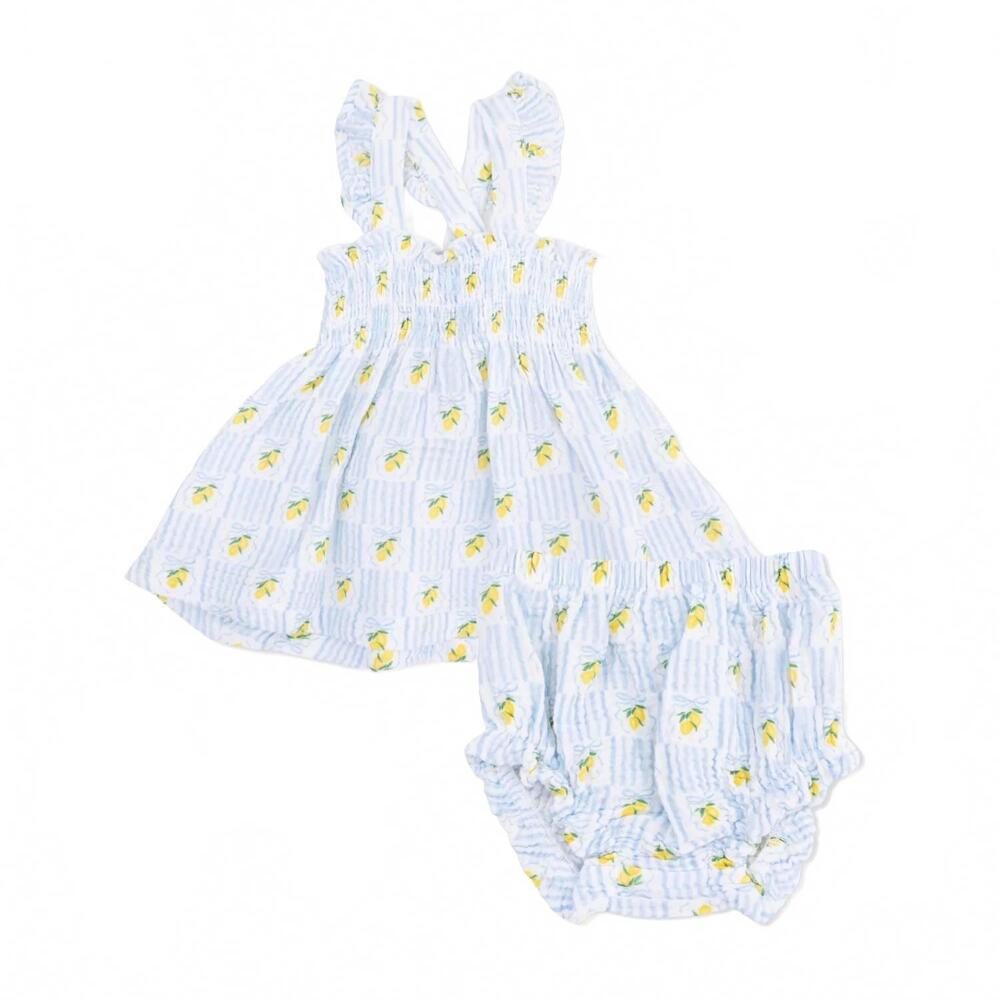 NEW ANGEL DEAR girls lovely lemons smocked top with bloomer set in white